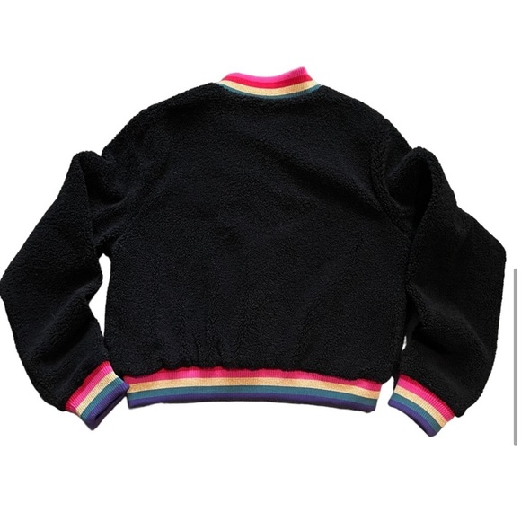 Spiritual Gangster Cropped Furry Bomber Zip Jacket Rainbow Trim Black Size Large - Picture 6 of 12